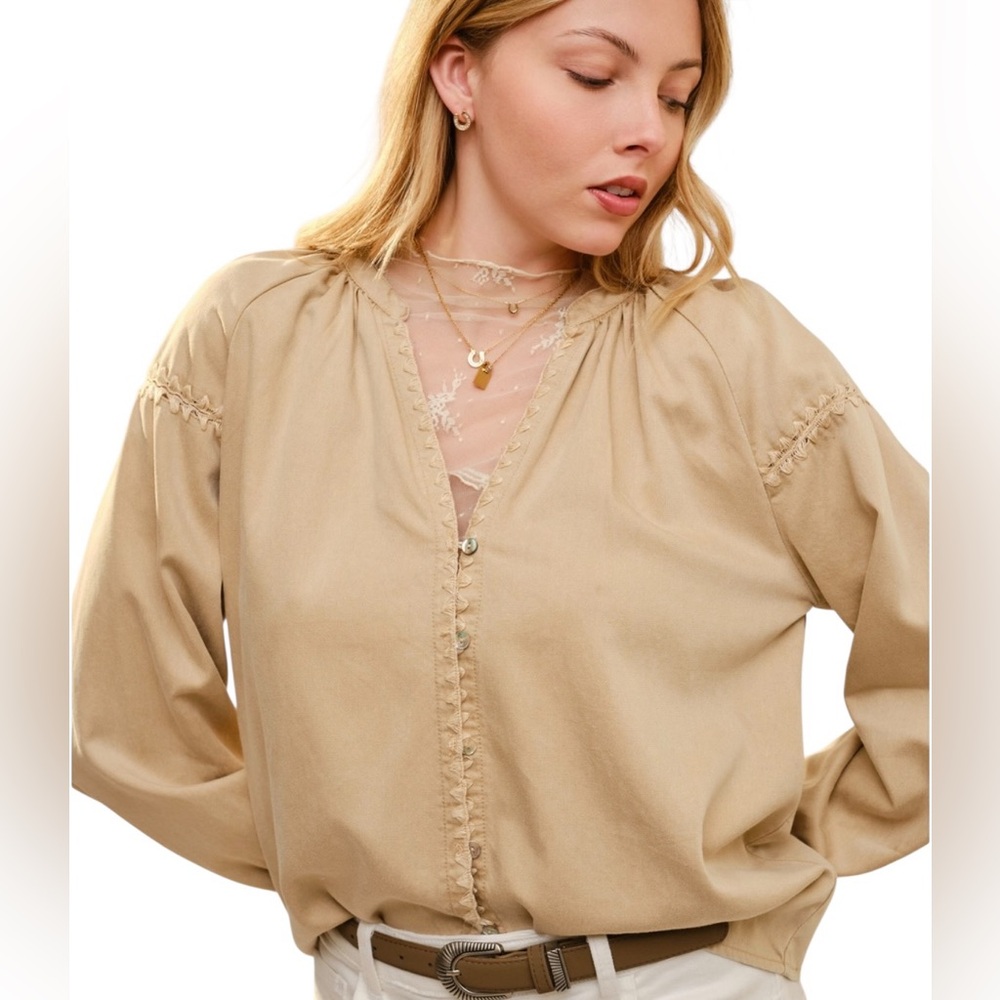 NEW blue b Tan Tonal Stitch Chambray Western Cowboy Retro Button Up Shirt Blouse - Picture 3 of 7